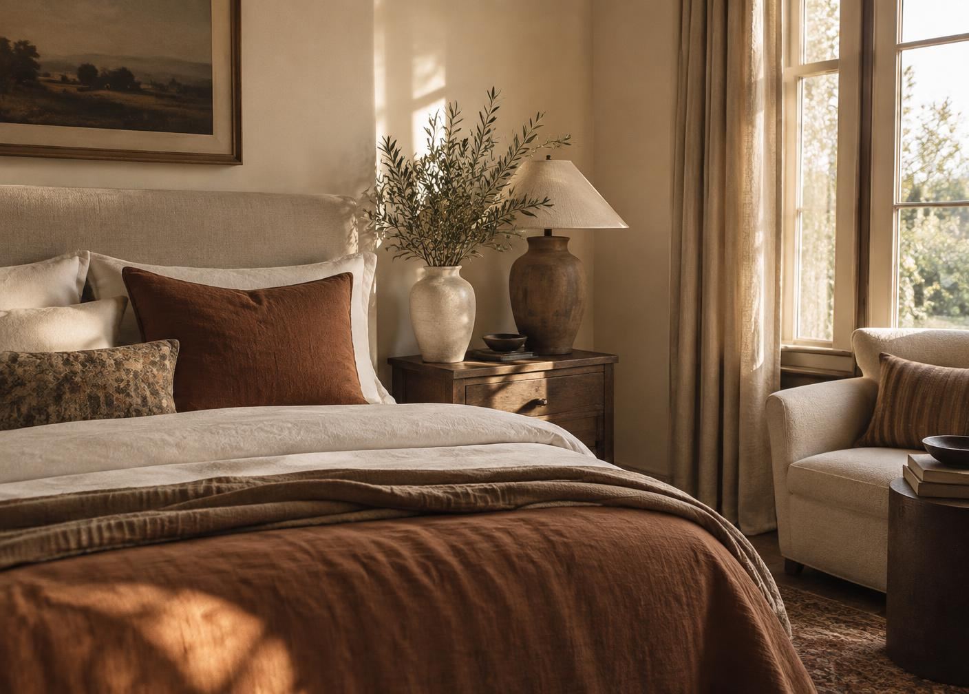 Styled bedroom corner with fresh linens and an olive branch in morning light