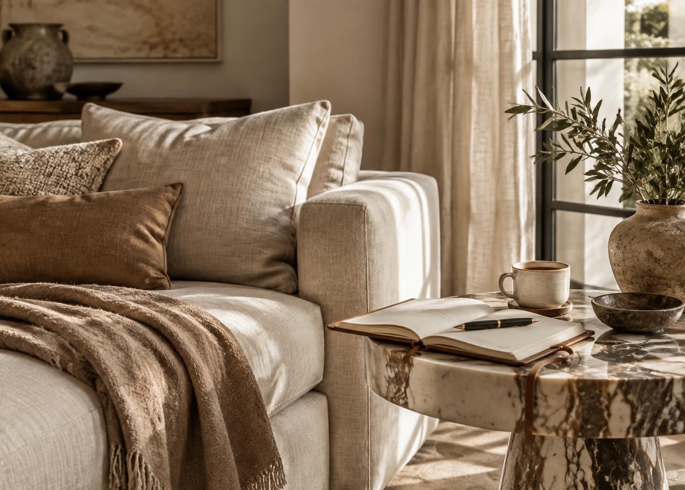 Linen sofa corner with an open notebook and coffee on a marble side table