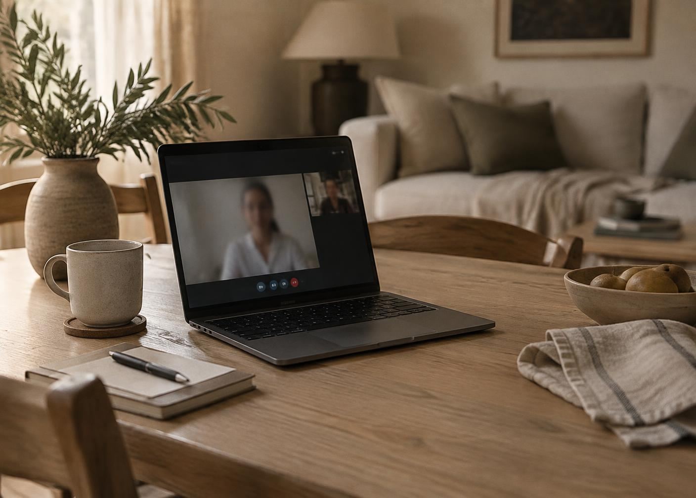 Laptop open for a video consultation on an oak dining table in a warm living room
