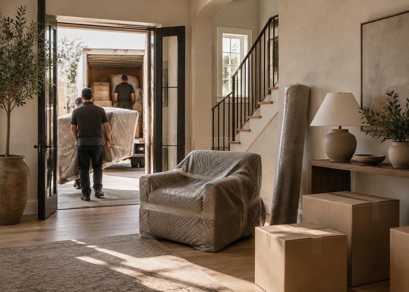 Wrapped furniture being carried into a bright entry hall