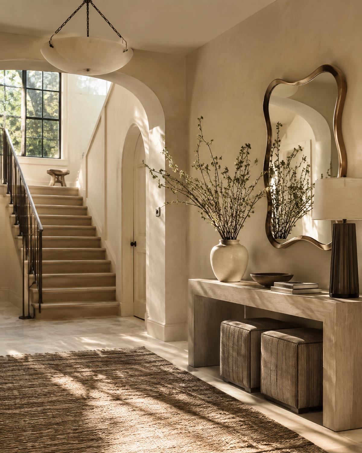 Sunlit plaster entryway with sculptural mirror, console and branches