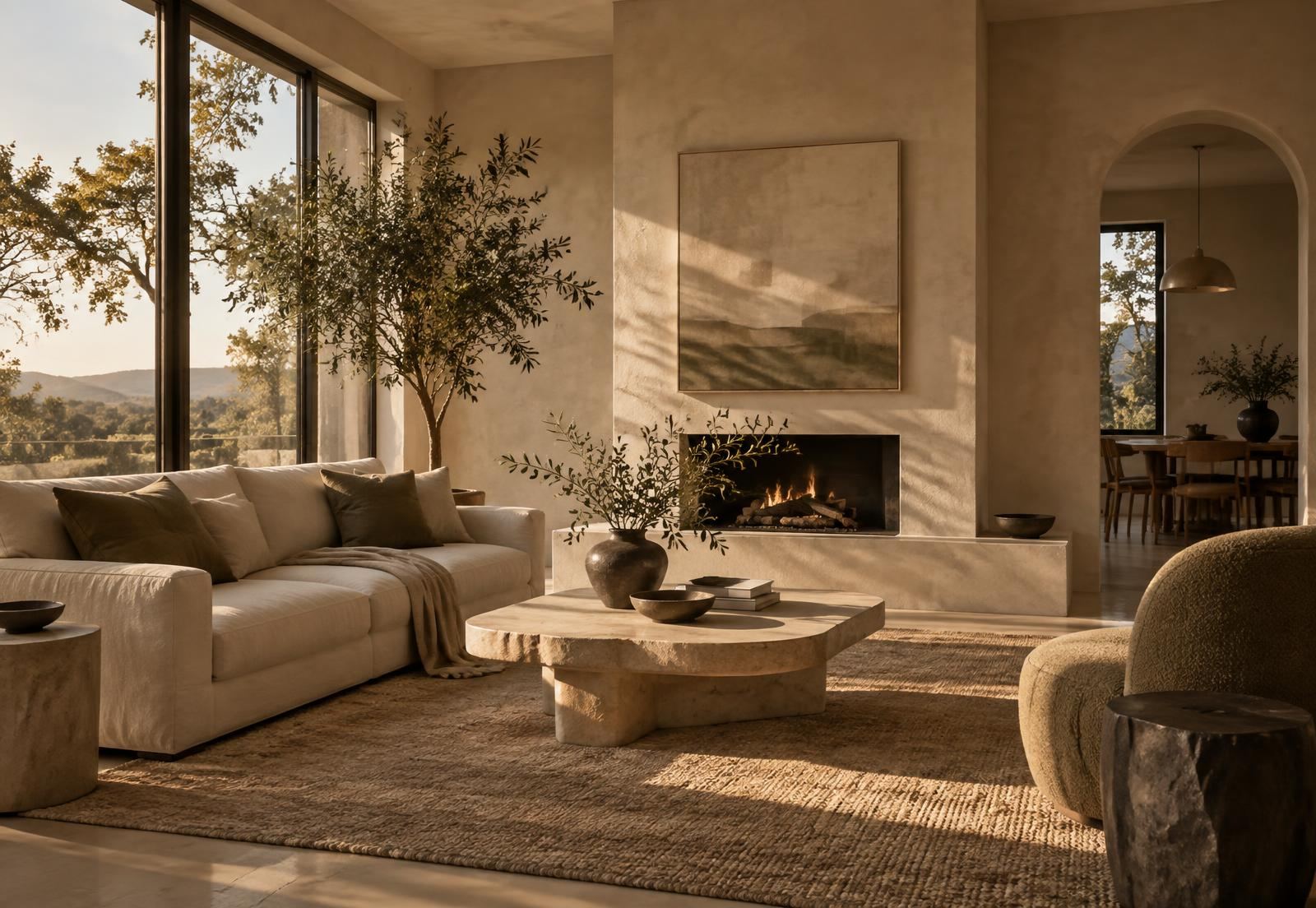 Finished warm minimal living room in bone, clay and olive tones