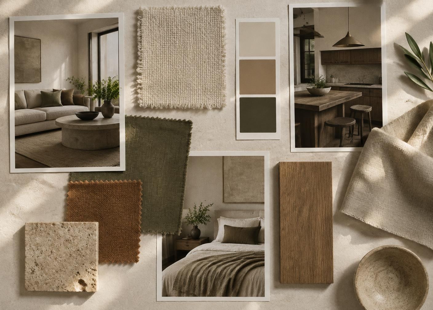 Flat lay of tear sheets, fabric swatches, paint chips and a wood sample