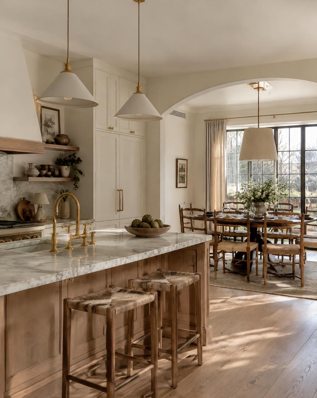 Refined kitchen with marble island, brass fixtures and a styled dining nook