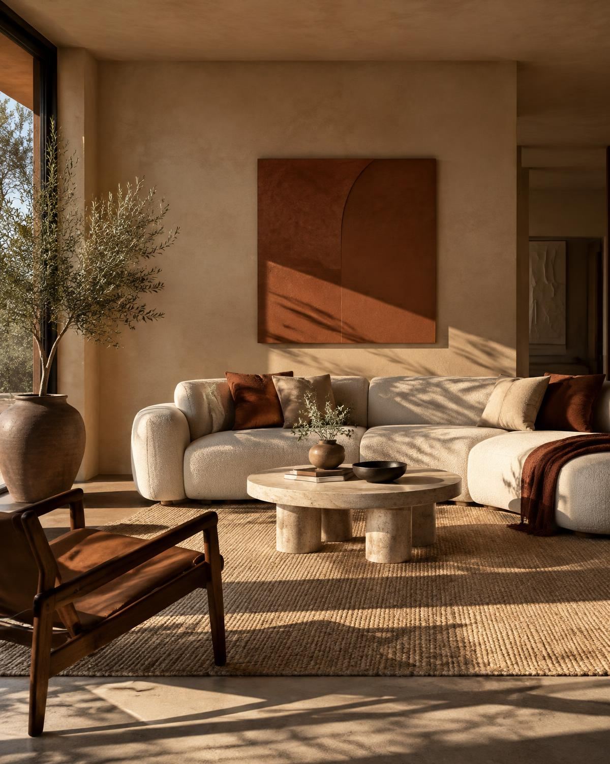 Warm modern living room with a bouclé sectional and travertine coffee table