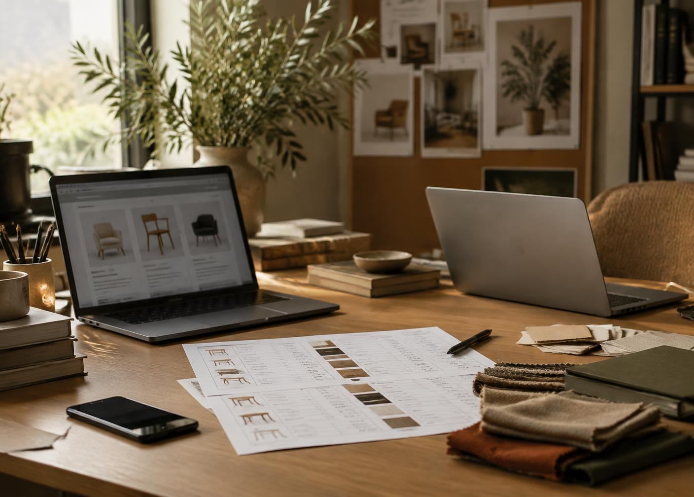 Sourcing desk with two laptops, price comparison sheets and fabric swatches