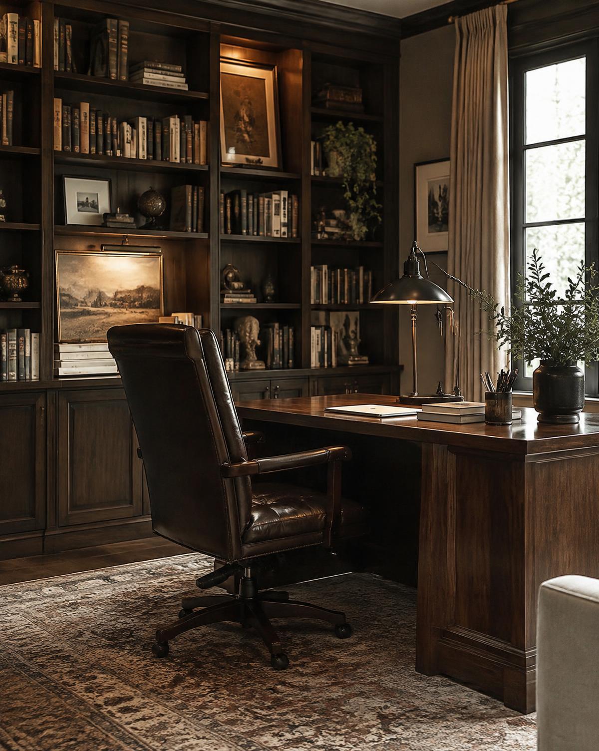 Dark walnut home library with leather chair, brass lamp and wall of books
