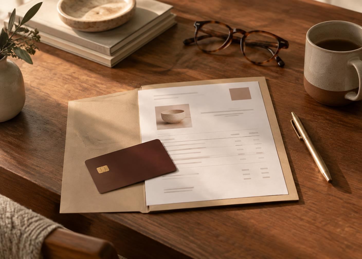 Warm desk with a card, order folder, pen and a ceramic cup