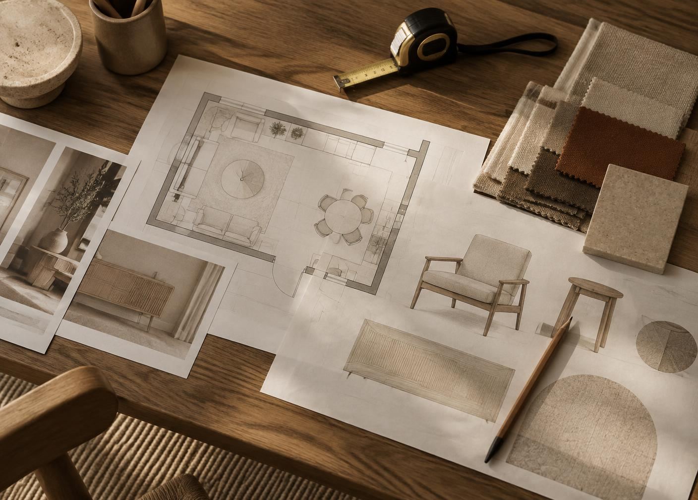 Designer's desk with a printed room layout, measuring tape and fabric swatches