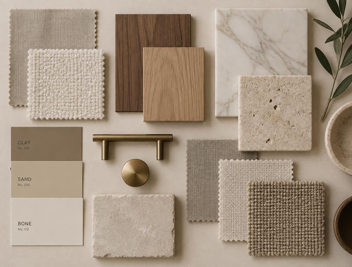 Interior design material swatches in bone, sand and clay