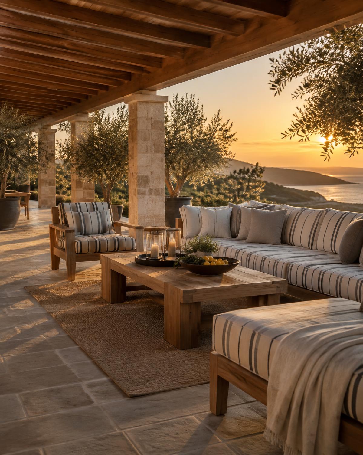 Covered outdoor terrace at golden hour with teak lounge furniture and olive trees