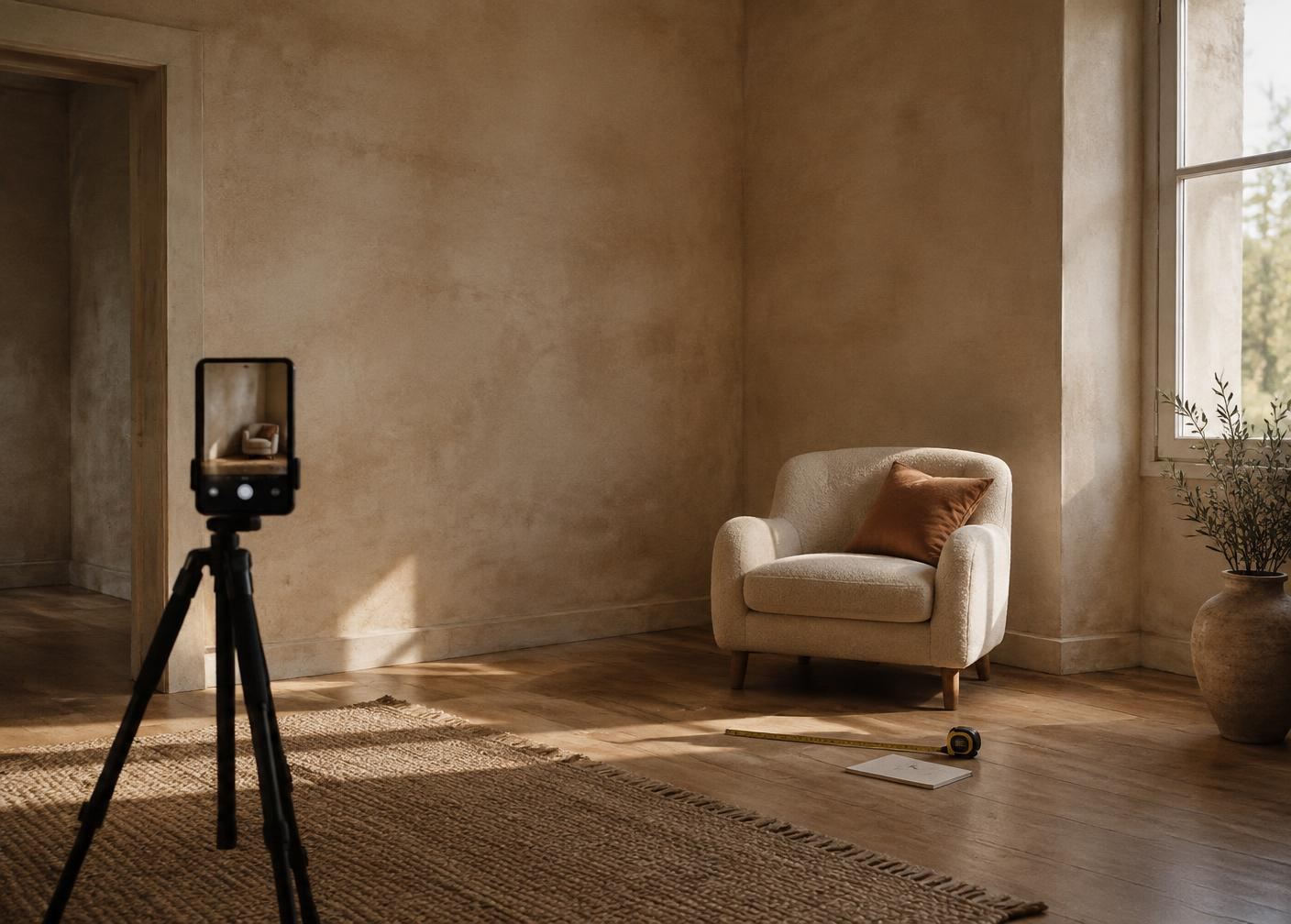 Empty warm plaster room with a single armchair, tape measure and a phone on a tripod