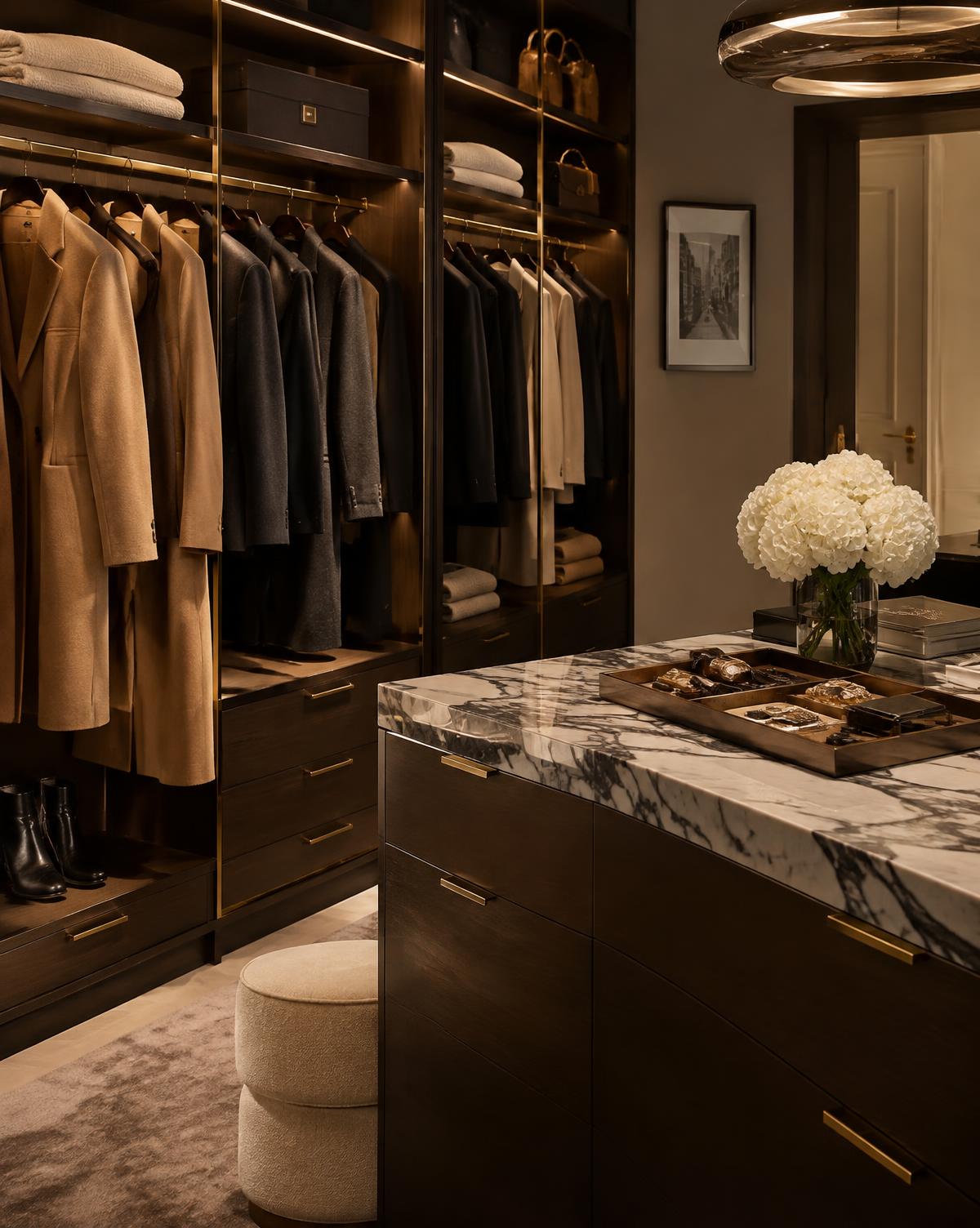 Luxury dressing room with tailored coats and a marble island